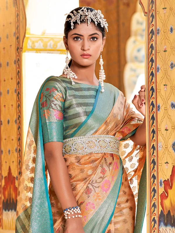 Silk peach saree with zari weaving