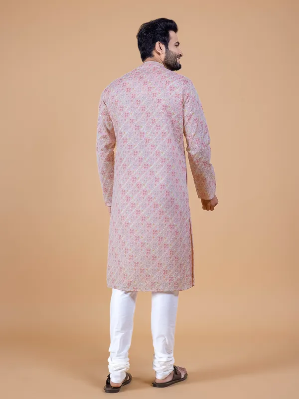 Silk peach thread work kurta suit