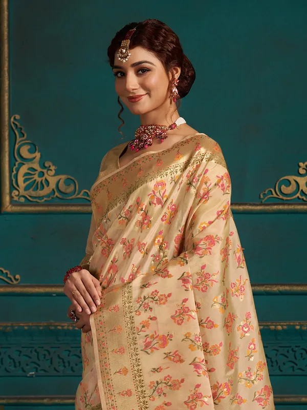 Silk peach zari weaving saree
