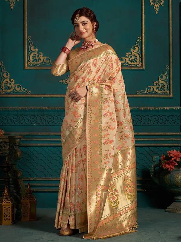 Silk peach zari weaving saree