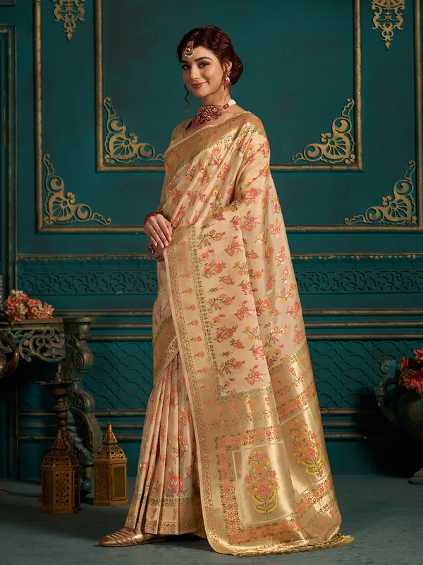 Silk peach zari weaving saree