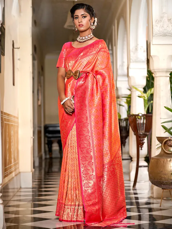 Silk pink and orange wedding wear saree
