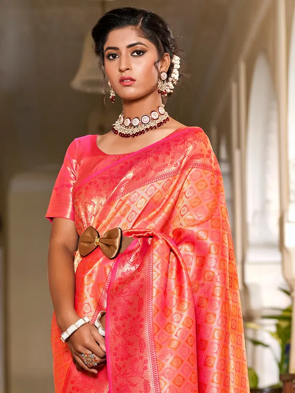 Silk pink and orange wedding wear saree