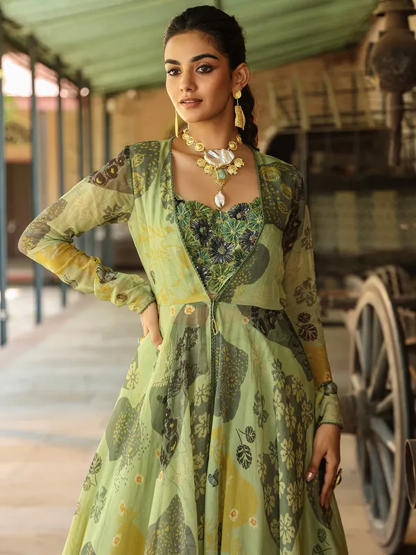 Silk pista green floor length palazzo suit