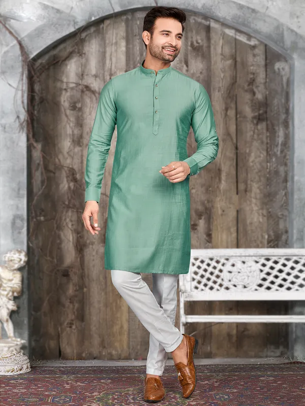 Silk pista green plain  Men Kurta pajama