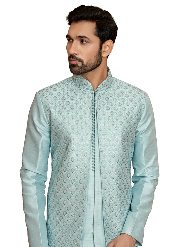 Silk powder blue wedding wear indowestern