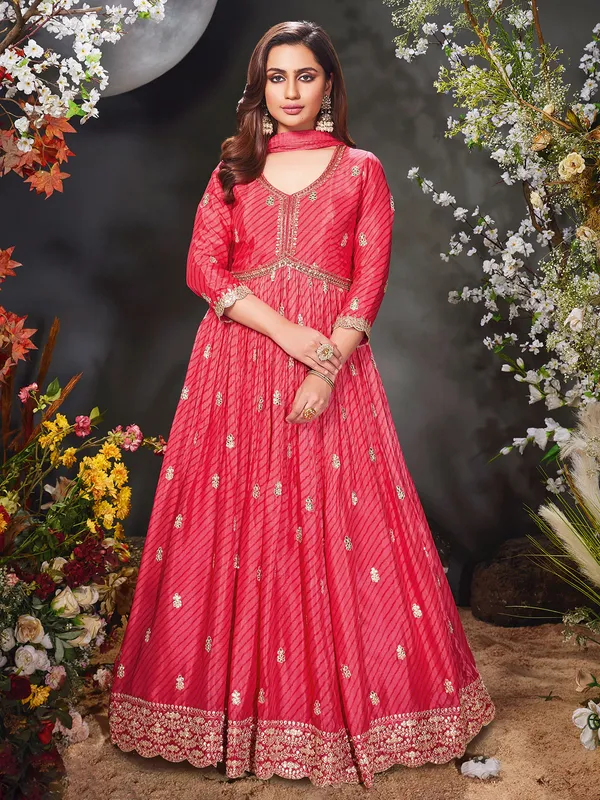 Silk printed anarkali suit in dark pink
