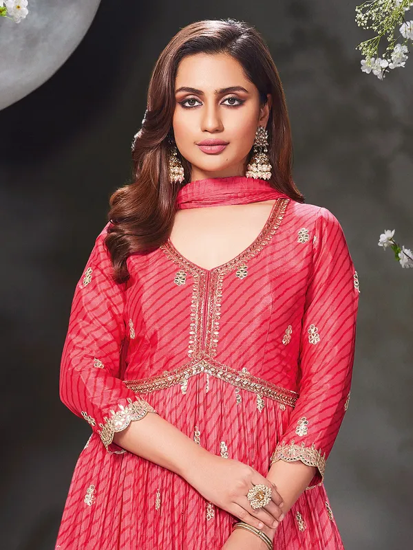 Silk printed anarkali suit in dark pink