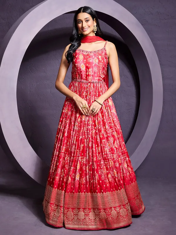 Silk printed anarkali suit in red