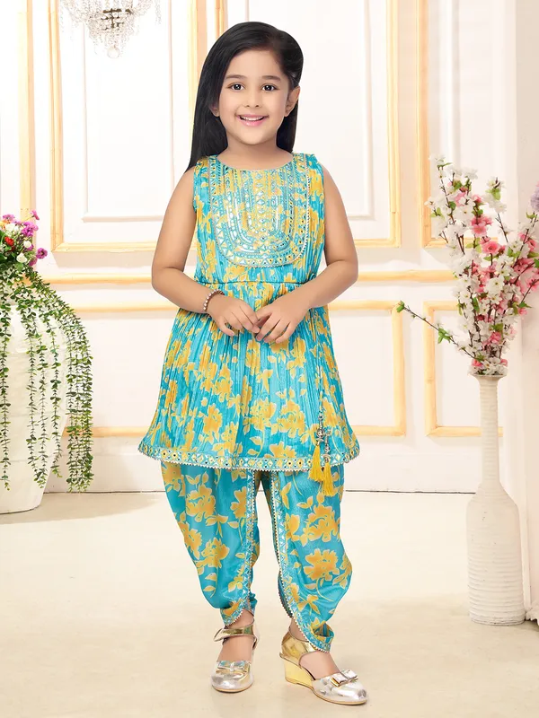 Silk printed aqua dhoti suit
