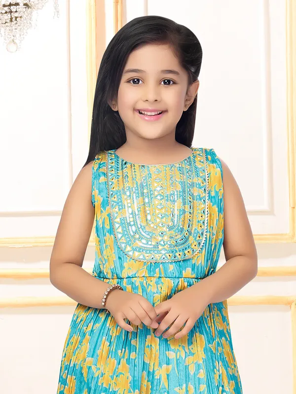 Silk printed aqua dhoti suit