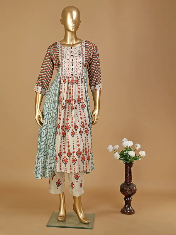 Silk printed beige kurti set