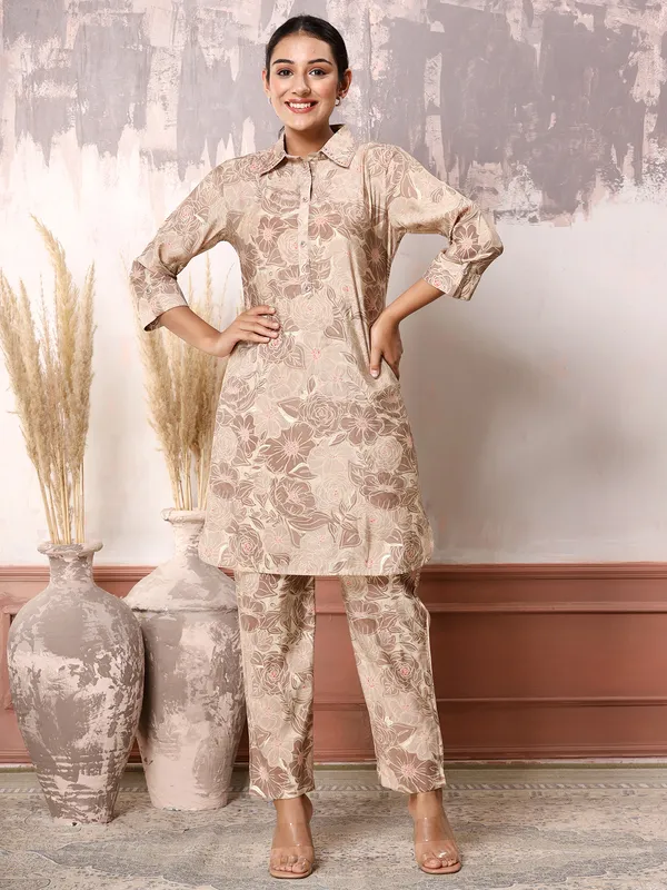 Silk printed co ord set in beige