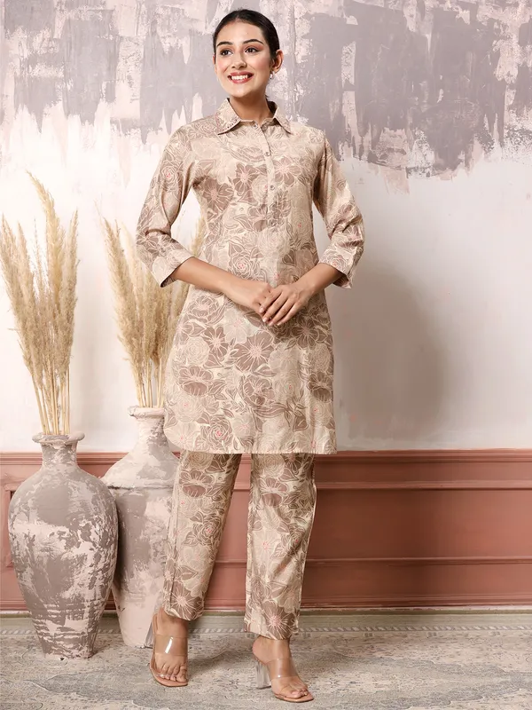 Silk printed co ord set in beige