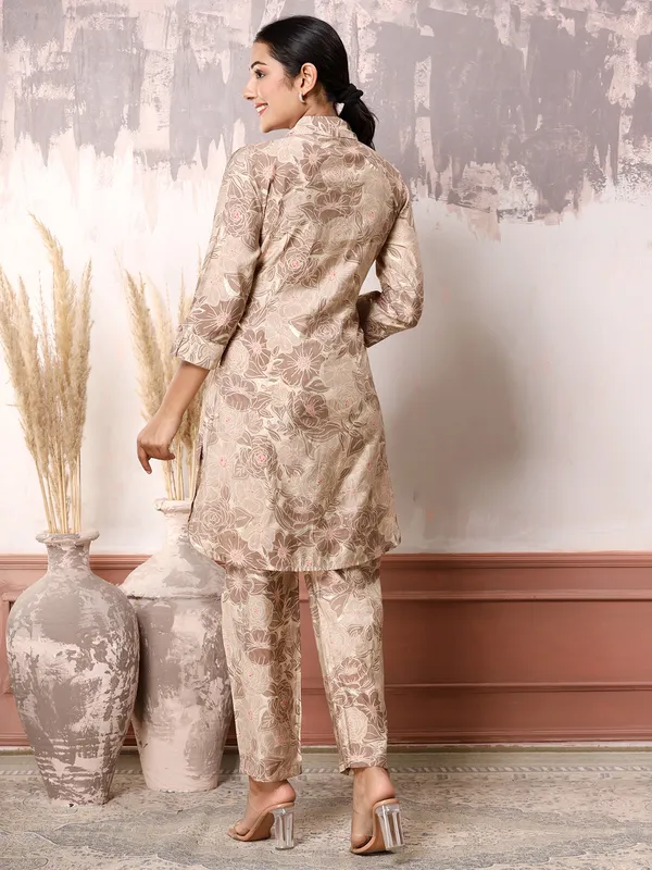 Silk printed co ord set in beige