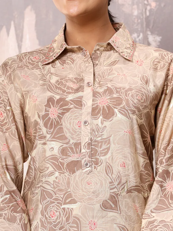 Silk printed co ord set in beige