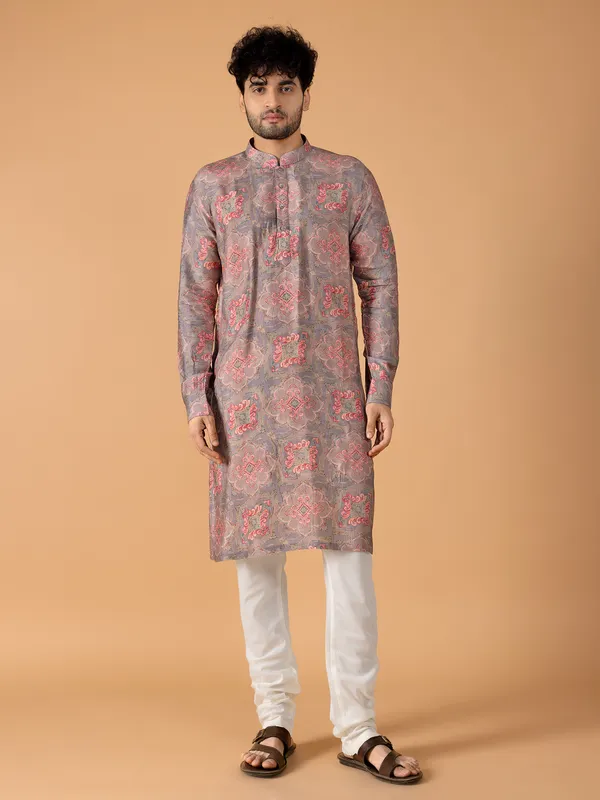 Silk printed grey kurta suit for festive