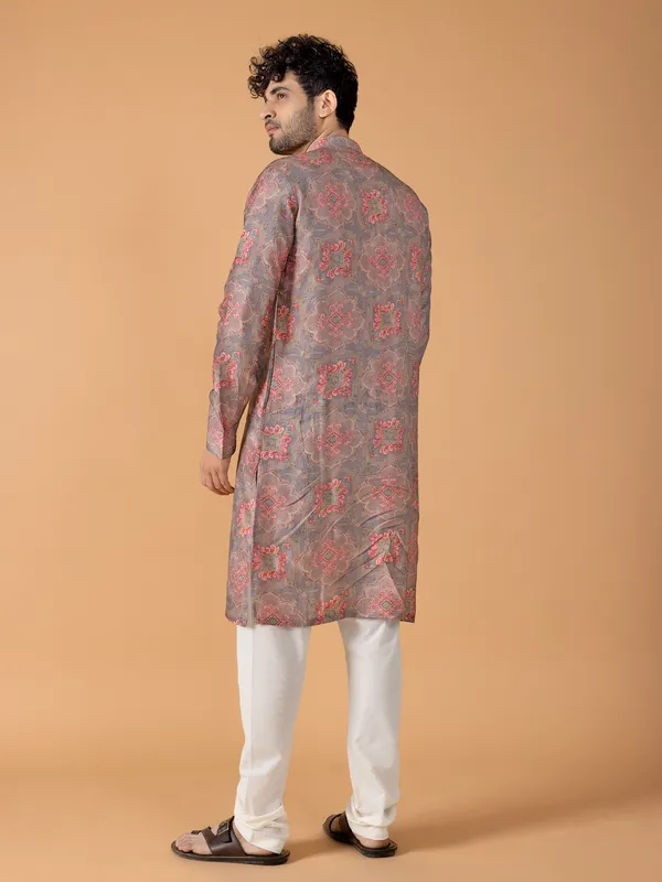 Silk printed grey kurta suit for festive