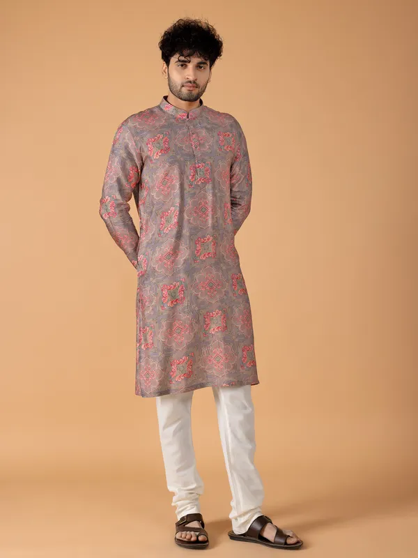 Silk printed grey kurta suit for festive