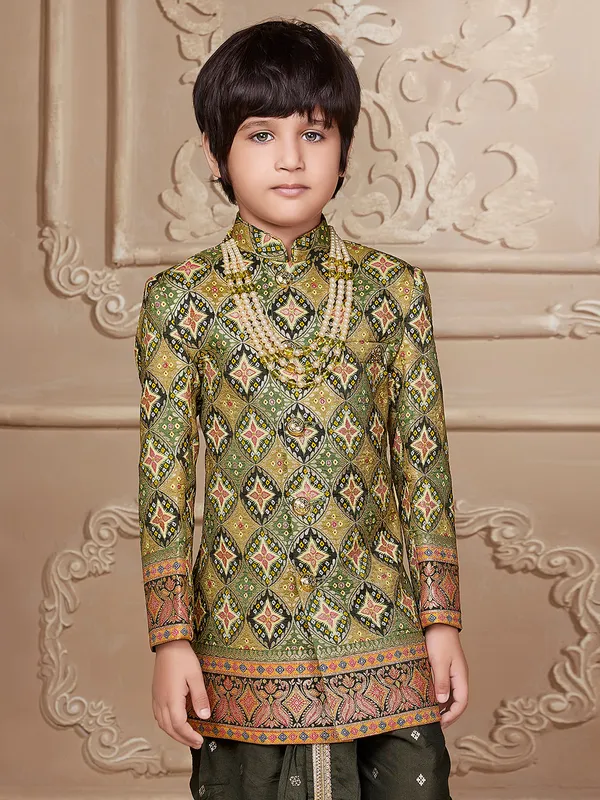 Silk printed indowestern in olive