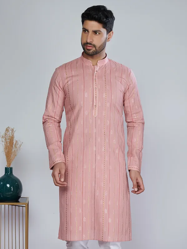 Silk printed kurta set in peach for festive