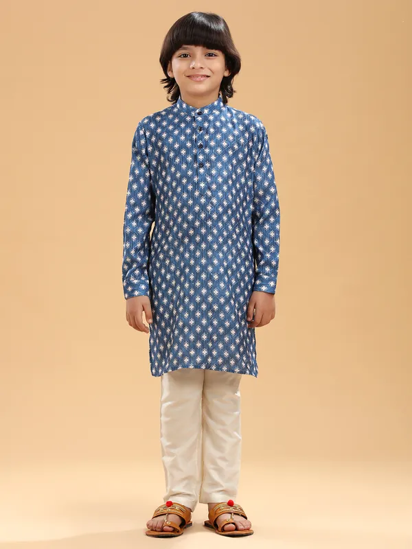 Silk printed kurta suit in blue