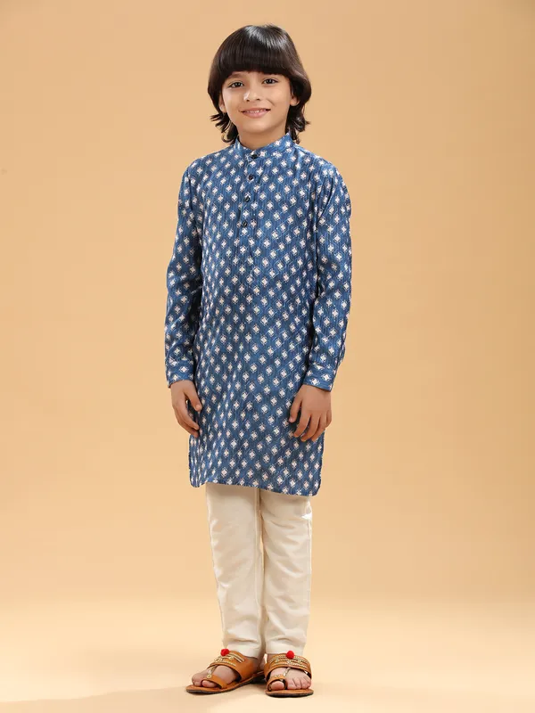 Silk printed kurta suit in blue