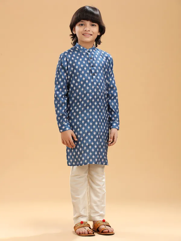Silk printed kurta suit in blue