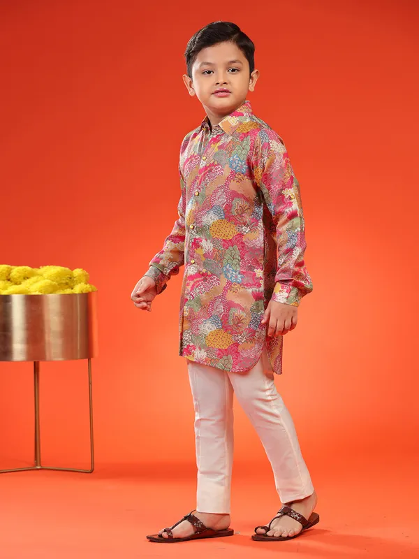 Silk printed kurta suit in multi color