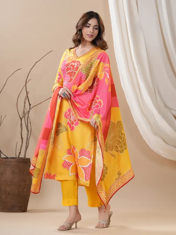 Silk printed kurti set in yellow