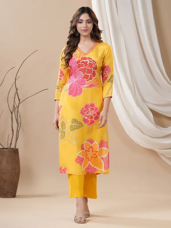 Silk printed kurti set in yellow