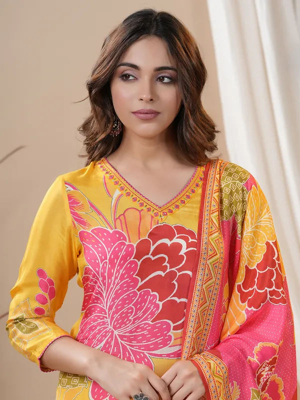 Silk printed kurti set in yellow