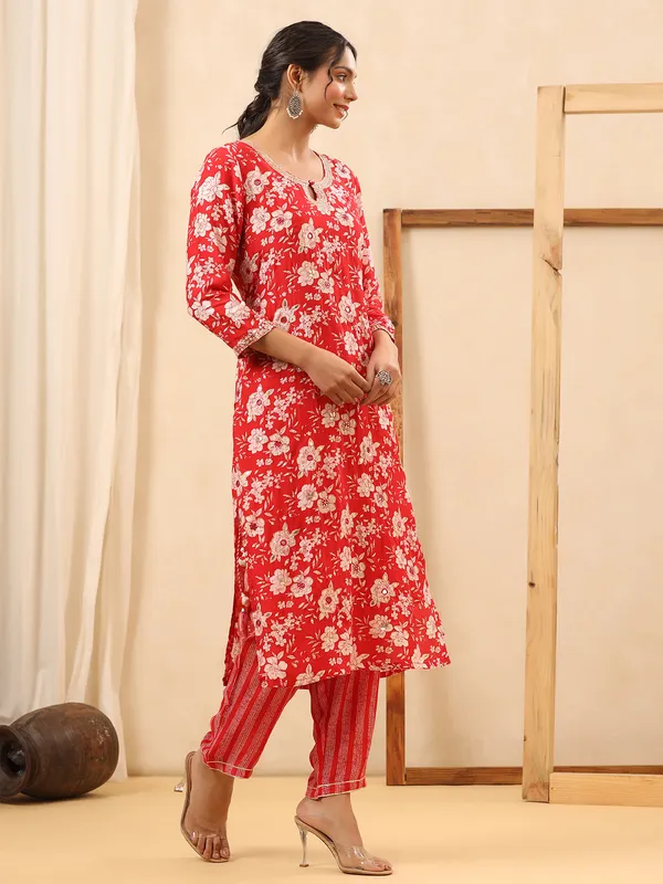 Silk printed kurti with pant in red