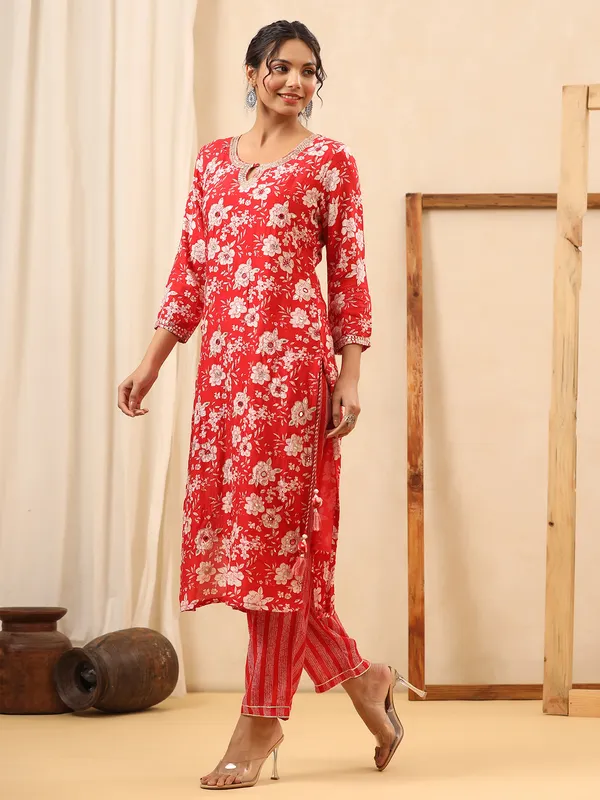 Silk printed kurti with pant in red