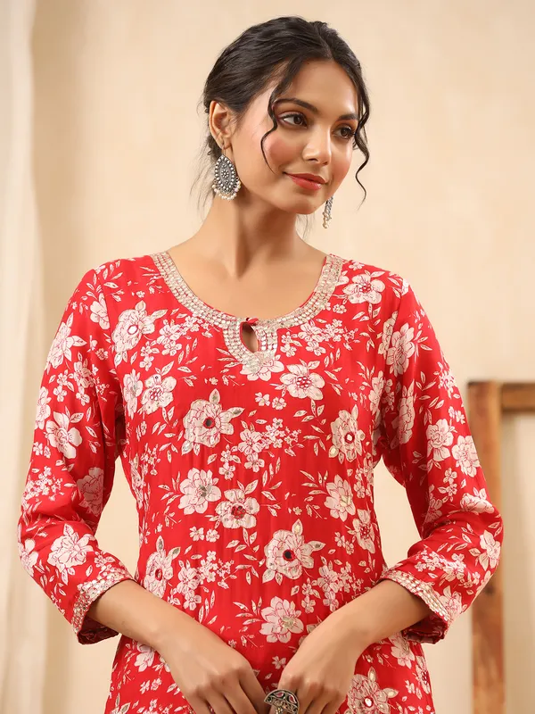 Silk printed kurti with pant in red