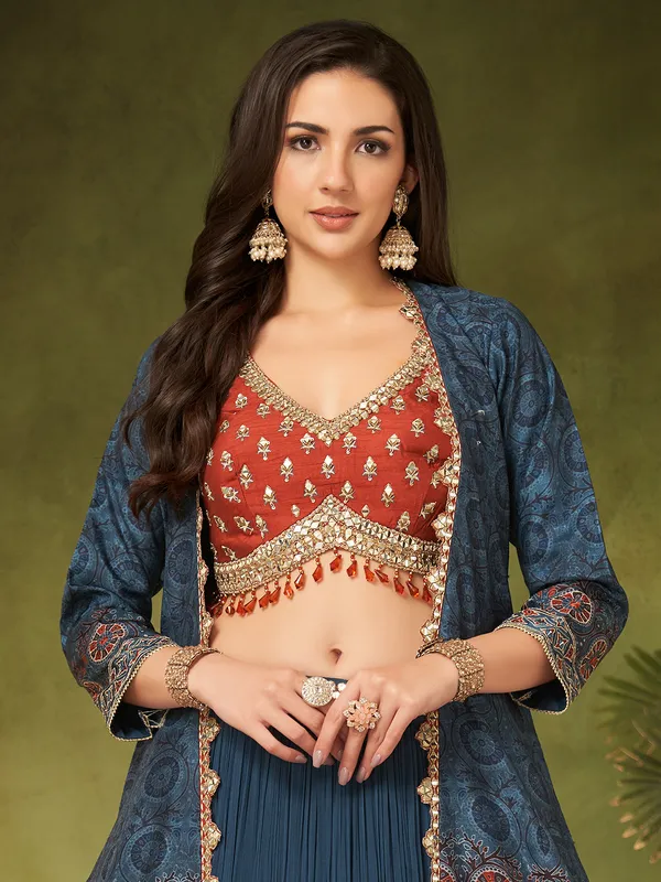Silk printed lehenga choli with floor length jacket
