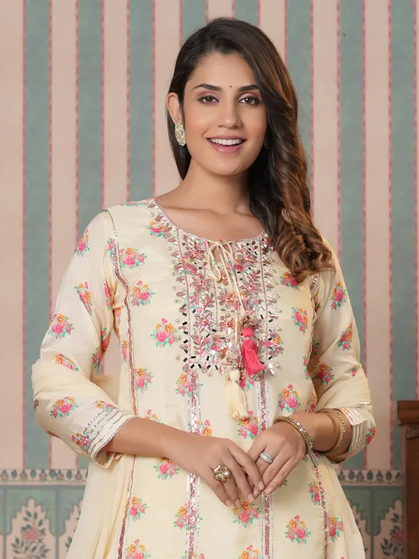 Silk printed light yellow sharara suit