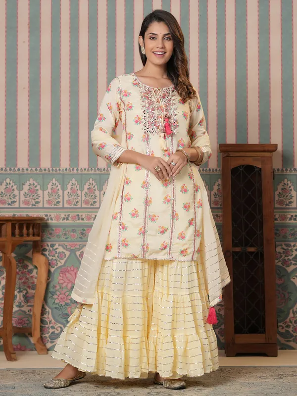 Silk printed light yellow sharara suit