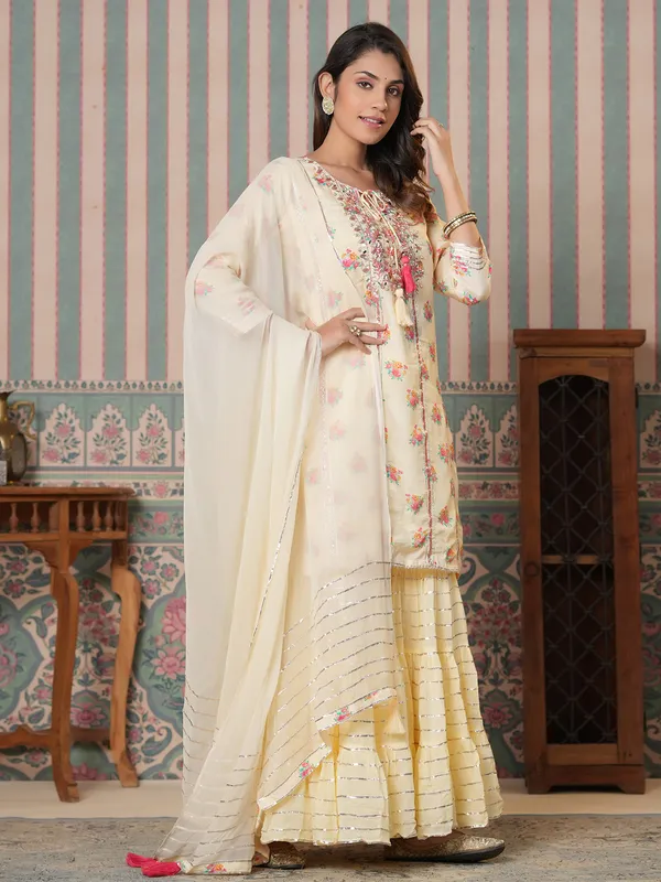 Silk printed light yellow sharara suit