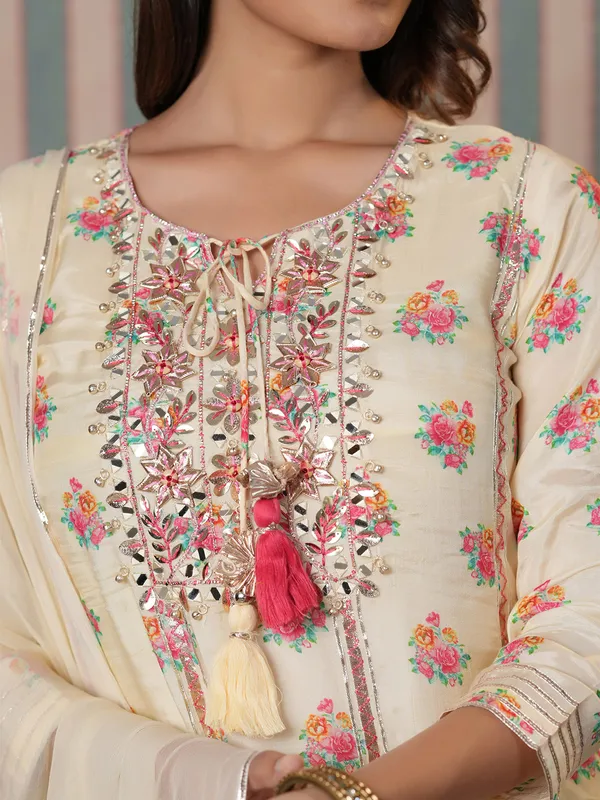 Silk printed light yellow sharara suit
