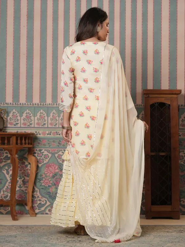 Silk printed light yellow sharara suit