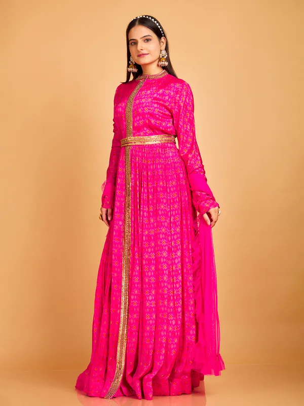 Silk printed magenta floor length suit