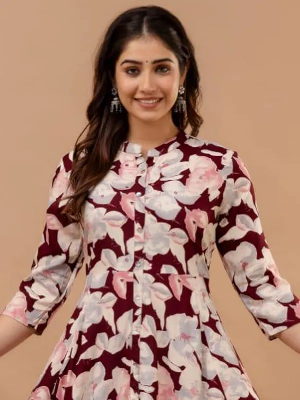 Silk printed maroon women kurti