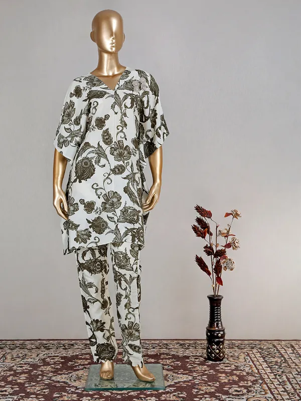 Silk printed off white kurti set for festive