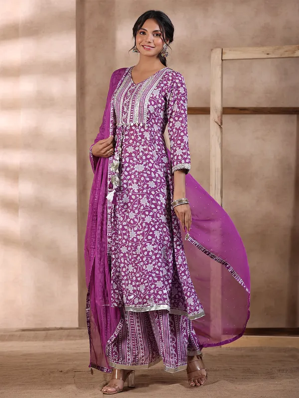 Silk printed palazzo suit in purple