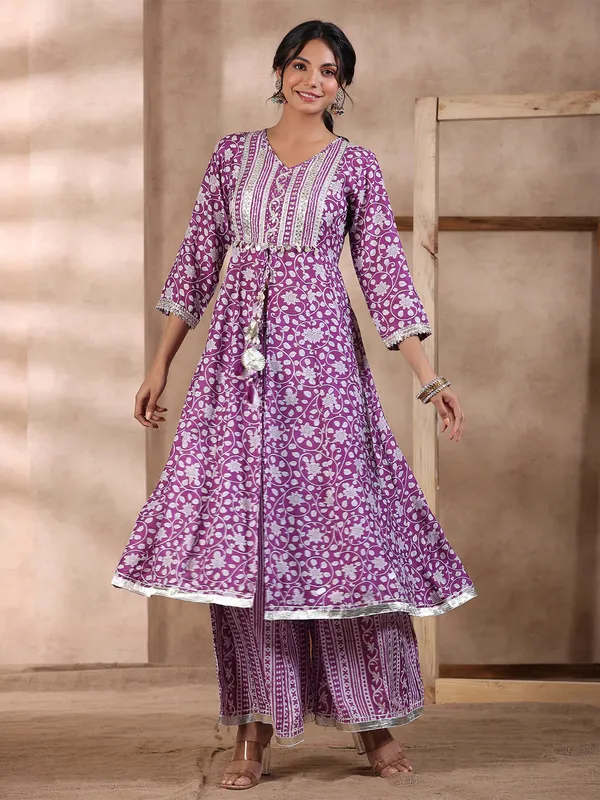 Silk printed palazzo suit in purple