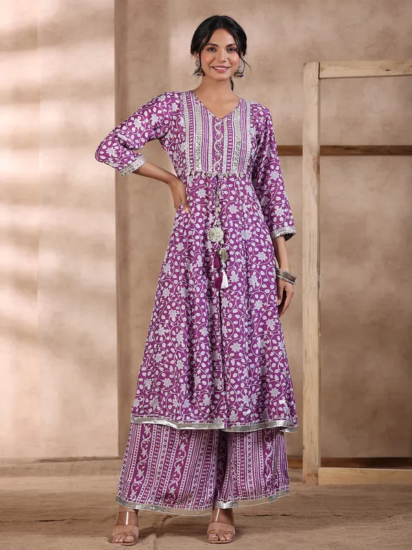 Silk printed palazzo suit in purple