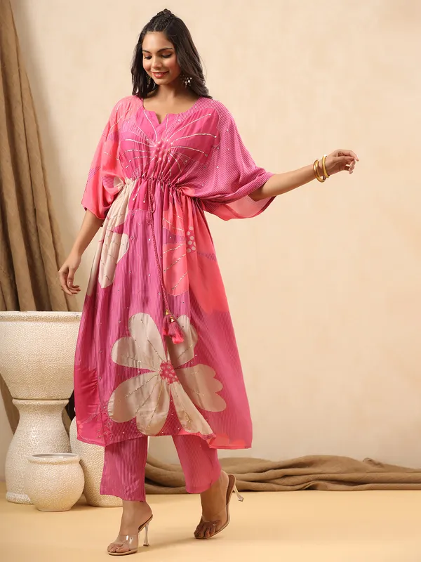 Silk printed pink casual kurti set