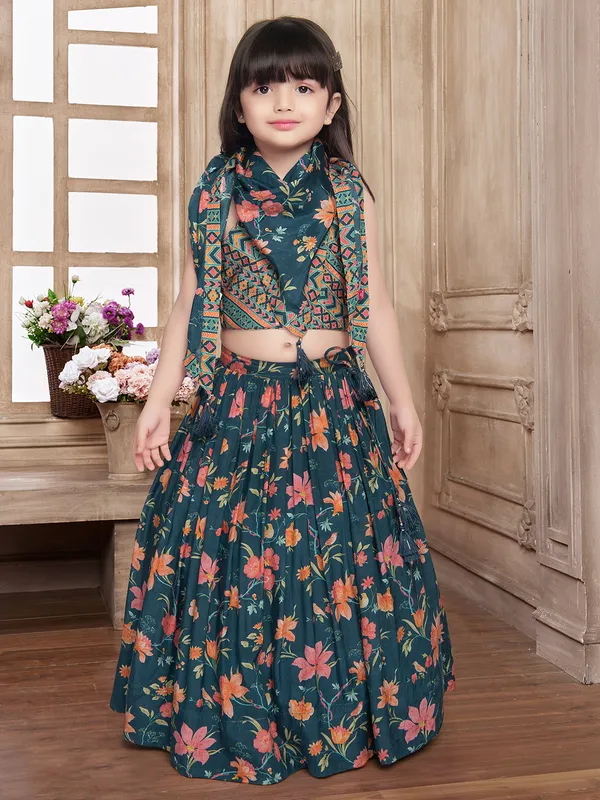 Silk printed prussian blue lehenga choli