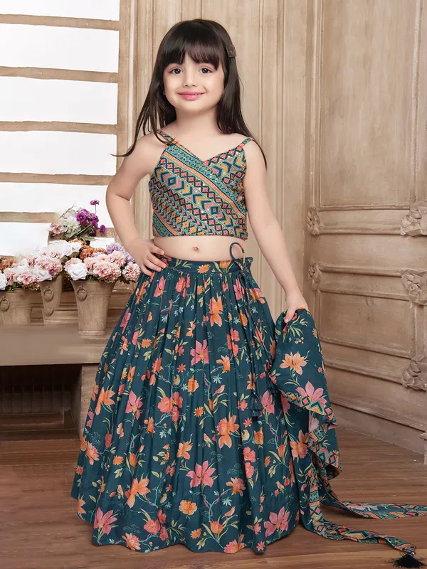 Silk printed prussian blue lehenga choli